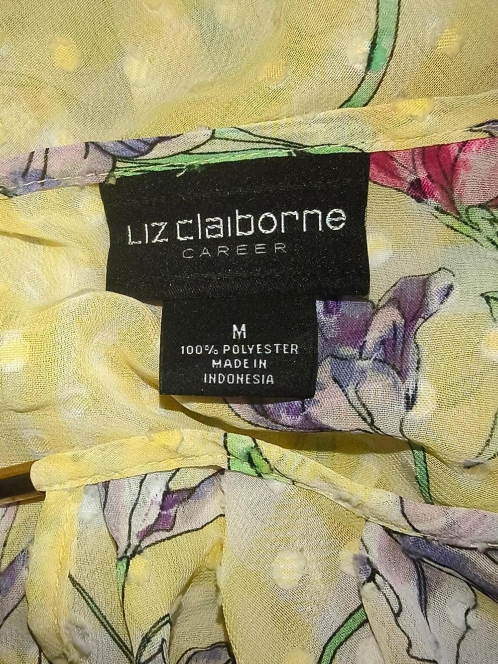 Liz Claiborne Yellow Floral Tie-Front Peasant Blouse with Purple & Pink Flowers - Picture 3 of 3